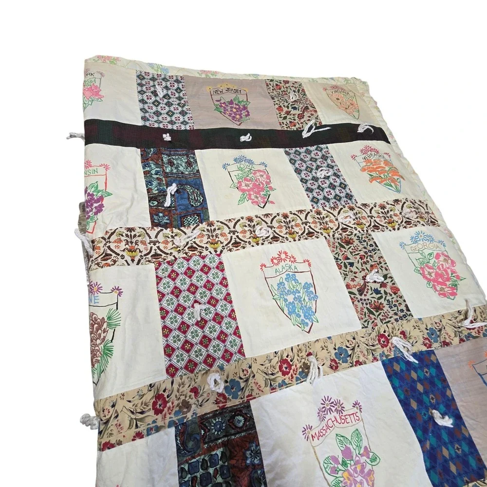 Vintage Handmade Quilt USA State Flowers Patchwork Folk Art Cottagecore 57x90